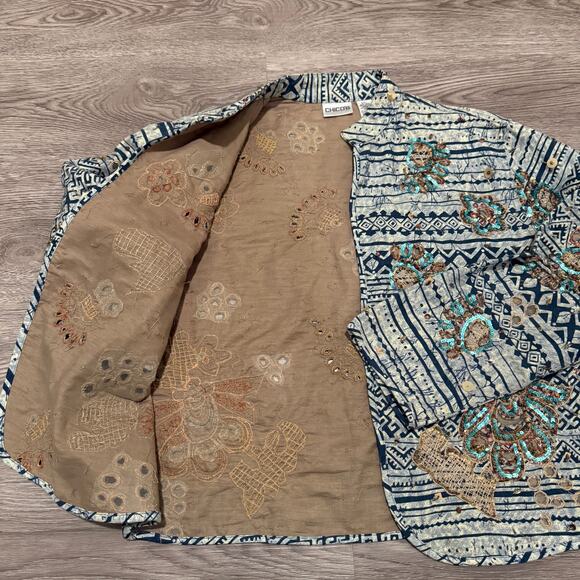 Chico’s Embroidered Sequin Jacket Blue Boho Tribal Linen Cotton Women 2 Large - Picture 4 of 8